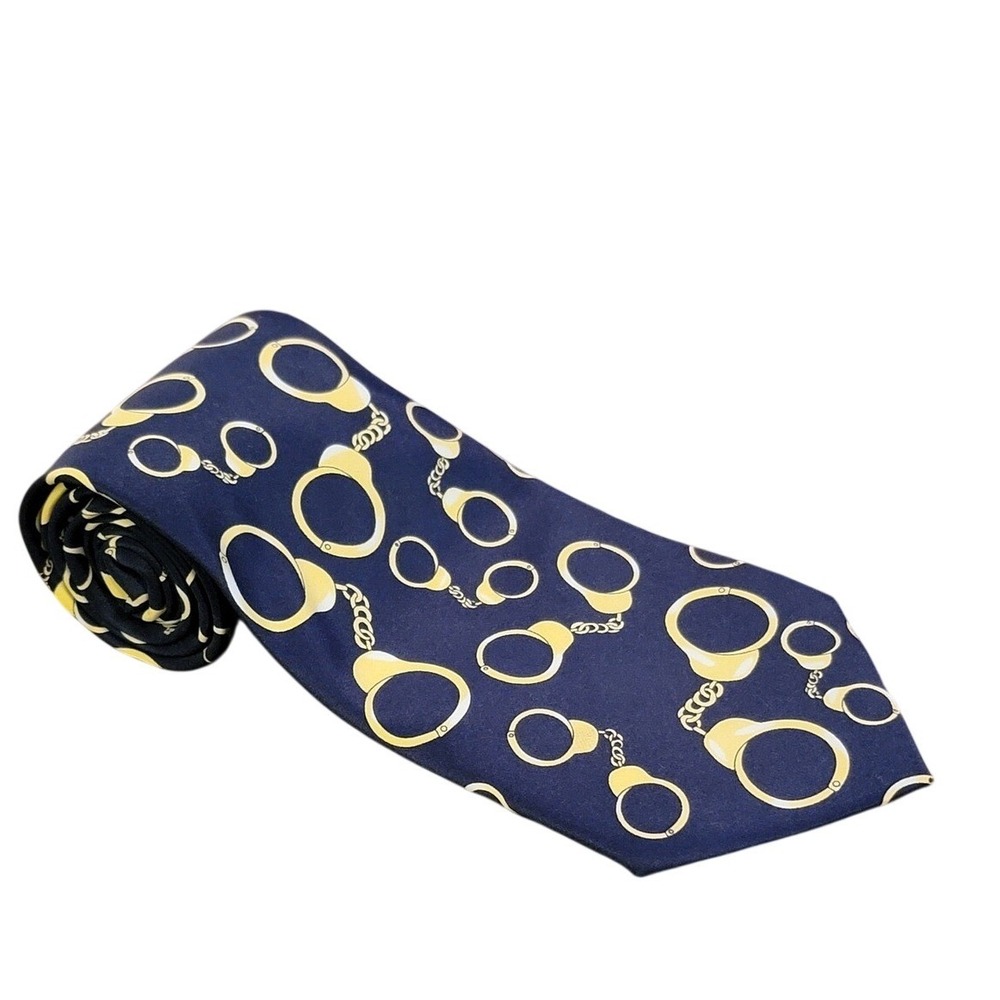 Parquet Navy Blue Gold Handcuff Print Silk Blend Necktie